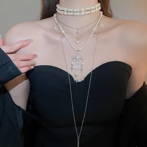Layered Glass Artificial Pearl Necklace Alloy Rhinestone Cross Pendant Vintage Gothic Elegant Jewelry For Women Silver Tone