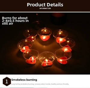 Macro shot of eight heart-shaped red tea light candles burning with a warm glow