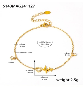 Detailed dimensions of gold stainless steel heart and heartbeat zircon anklet for women