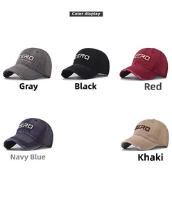 Close-up of cotton baseball caps with ZERO 3D embroidery and vintage distressed details