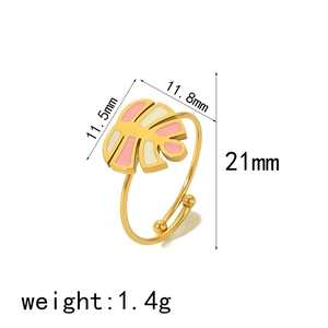 Pink enamel monstera leaf stainless steel open ring with detailed product dimensions