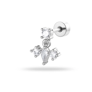 Elegant silver earring featuring three sparkling geometric cubic zirconia charms on white background