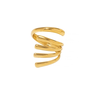 Minimalist gold plated titanium steel spiral ring featuring asymmetric layered cross lines