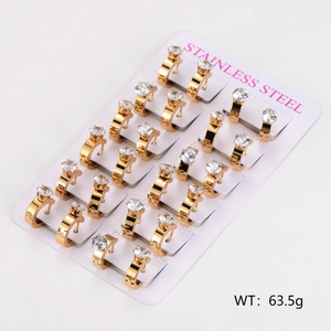 Bulk display of 12 pairs of gold stainless steel hoop earrings with round zircon studs