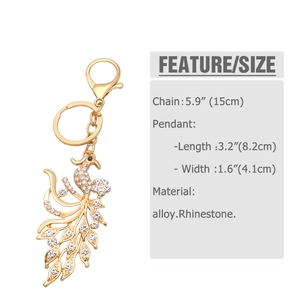Detailed size specifications for gold peacock keychain with crystals and alloy lobster clasp