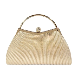 Golden pleated evening clutch with rhinestone buckle and circular metal handle for women