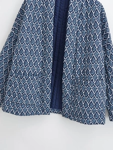 Y2K ethnic print quilted jacket for women with geometric navy pattern and large pockets