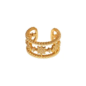 Double-layered gold starburst open ring with sparkling zircon insets for women