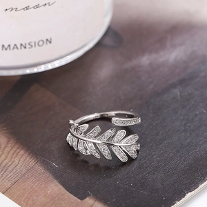 Silver olive leaf open ring with 18K gold plating and shimmering cubic zirconia stones
