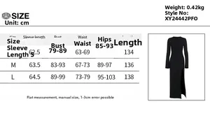 Size chart detail for the slim fit split long sleeve dress with bust and hip measurements