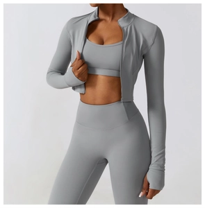 Détails de la veste de yoga slim avec fermeture éclair, passe-pouces et legging taille haute