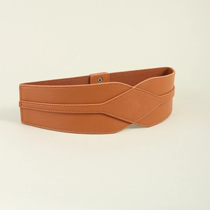 Brown elastic wide waist belt for women with PU leather crossover design for coats
