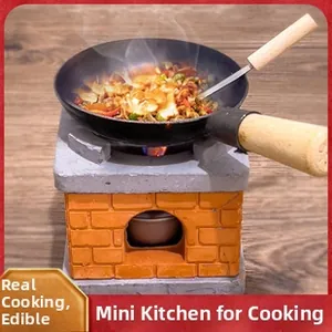 Miniature kitchen stove and wok toy set with brick texture for real cooking play