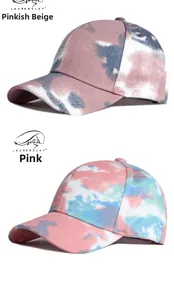 Detail of vintage tie-dye cotton baseball caps in dusty pink and vibrant pink blue hues