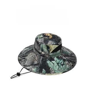 Detail of leaf camouflage sun hat featuring breathable fabric and adjustable wind strap