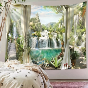 Detailed nature wall tapestry featuring a lush waterfall landscape and European castle