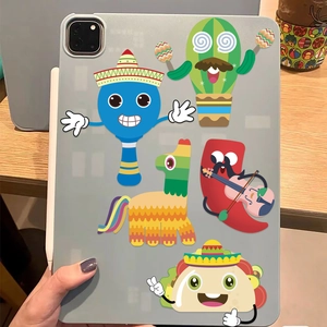 Cartoon Mexican Fiesta stickers on gray tablet case featuring cactus and chili designs