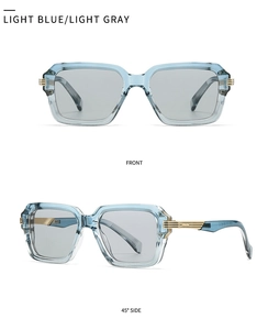 Front and side view of light blue square aviator sunglasses with gold metal accents