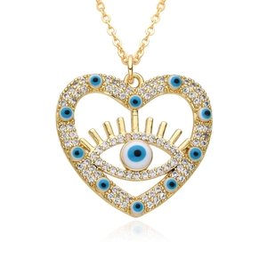 Collier cœur en or 18 carats avec pendentif œil bleu et zircons blancs