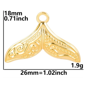 Detail view of a 1.9g golden mermaid tail pendant with 18x26mm size measurements