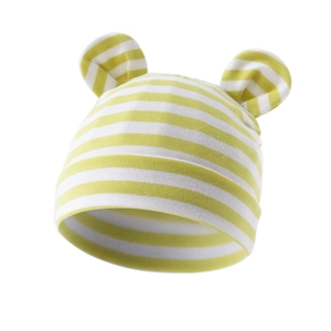 Detailed view of yellow and white striped baby hat with cute 3D animal ear decorations