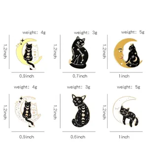 Lot de broches émaillées chat noir et lune en alliage écologique pour accessoires