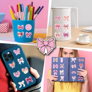 55 Waterproof pink coquette bow stickers decorating a laptop, phone case, and water bottle