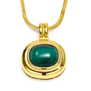 Vintage 18k gold plated snake chain necklace with an oval green natural stone pendant