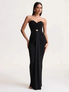 Elegant black strapless evening maxi dress with gold metal buckle and long sash details