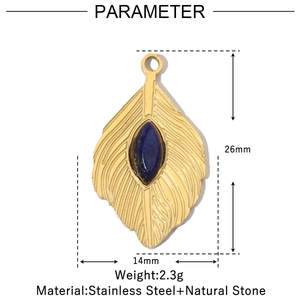 Peacock feather pendant dimensions 26x14mm in gold stainless steel with blue stone