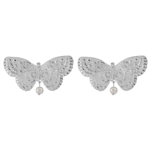 Vintage style butterfly pearl earrings with intricate hollow design in silver finish