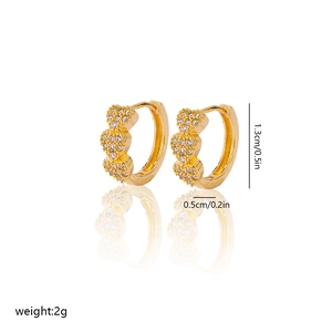 Detailed view of triple heart gold earrings with zircon inlay including size measurements