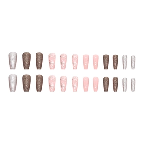 Ballerina coffin press-on nails with silver glitter and pink marble designs, 24 piece set