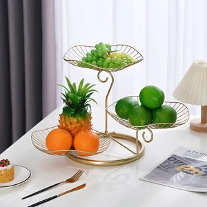 Modern 3-tier gold metal leaf fruit basket stand for home living room storage and decor