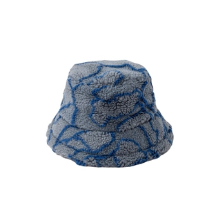 Striped sherpa bucket hat in grey and blue with warm fleece texture for men and women