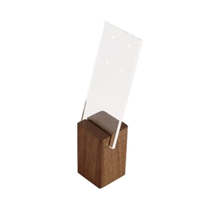 Acrylic earring display stand with walnut wood base for jewelry photography and storage