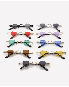 Detailed grid showing nine multi-colored heart-shaped sunglasses with thin metal frames