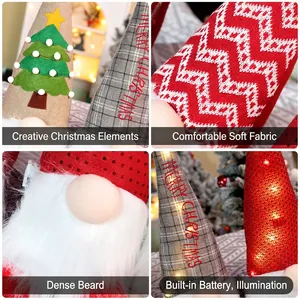 Light-up Christmas gnome dolls with sequin hats and Merry Christmas text for home decor