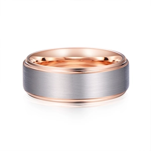Men's two-tone tungsten ring with silver brushed surface and rose gold interior step edge