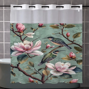 Detail of waffle shower curtain with floral bird pattern and reinforced metal grommets