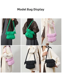 Collage of quilted puffer shoulder bags in green, pink, and black colors on models