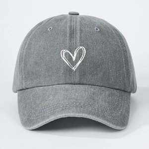 Adjustable washed grey cotton baseball cap with embroidered white heart for men and women