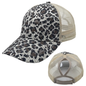 Leopard print mesh trucker baseball hat with ponytail hole for sun protection