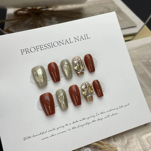 Handmade press-on nails set with red-brown and olive green colors plus luxury rhinestones