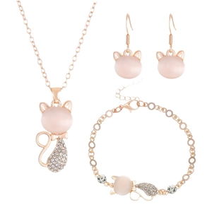 Cat-shaped jewelry set with rose gold metal, opal stones, and sparkling rhinestones
