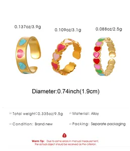 Size chart and weight details for heart-shaped gold alloy rings 3-piece jewelry set