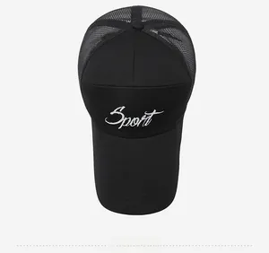 Top view of black mesh sun hat featuring Sport embroidery and breathable polyester fabric