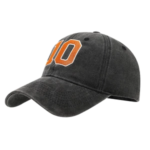 Vintage washed dark grey baseball cap with embroidered orange number 10 on white background