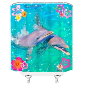 Waterproof polyester bath curtain with tropical ocean dolphins and hibiscus flowers