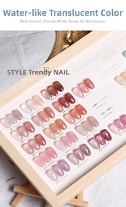 Nuancier détaillé de vernis à ongles translucide effet glace aux tons nude et rose.